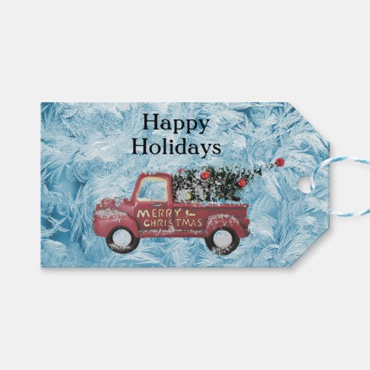 Vintager roter LKW auf blauem Schneeflockenhinterg Geschenkanhänger (Vorderseite (Horizontal))