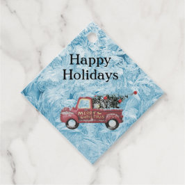 Vintager roter LKW auf blauem Schneeflockenhinterg Geschenkanhänger