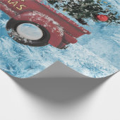 Vintager roter LKW auf blauem Schneeflockenhinterg Geschenkpapier (Ecke)