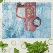 Vintager roter LKW auf blauem Schneeflockenhinterg Geschirrtuch (Gefaltet)