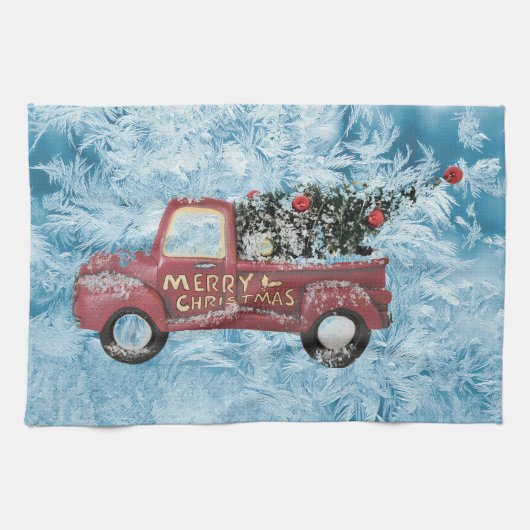 Vintager roter LKW auf blauem Schneeflockenhinterg Geschirrtuch (Horizontal)