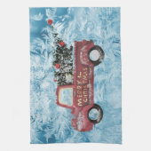 Vintager roter LKW auf blauem Schneeflockenhinterg Geschirrtuch (Vertikal)