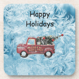 Vintager roter LKW auf blauem Schneeflockenhinterg Getränkeuntersetzer