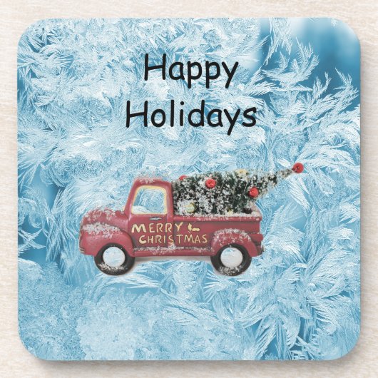 Vintager roter LKW auf blauem Schneeflockenhinterg Getränkeuntersetzer (Vorderseite)