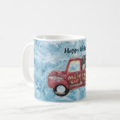 Vintager roter LKW auf blauem Schneeflockenhinterg Kaffeetasse (Vorderseite Links)