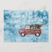 Vintager roter LKW auf blauem Schneeflockenhinterg Menükarte (Rückseite)