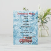 Vintager roter LKW auf blauem Schneeflockenhinterg Menükarte (Stehend Vorderseite)