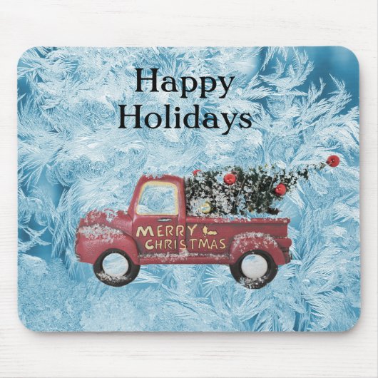 Vintager roter LKW auf blauem Schneeflockenhinterg Mousepad (Vorne)