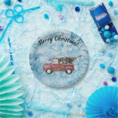 Vintager roter LKW auf blauem Schneeflockenhinterg Pappteller (Party)