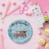 Vintager roter LKW auf blauem Schneeflockenhinterg Pappteller (Party)