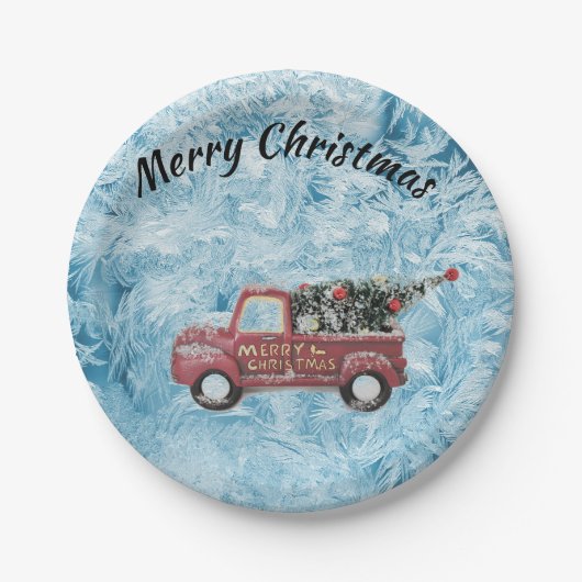 Vintager roter LKW auf blauem Schneeflockenhinterg Pappteller (Vorderseite)