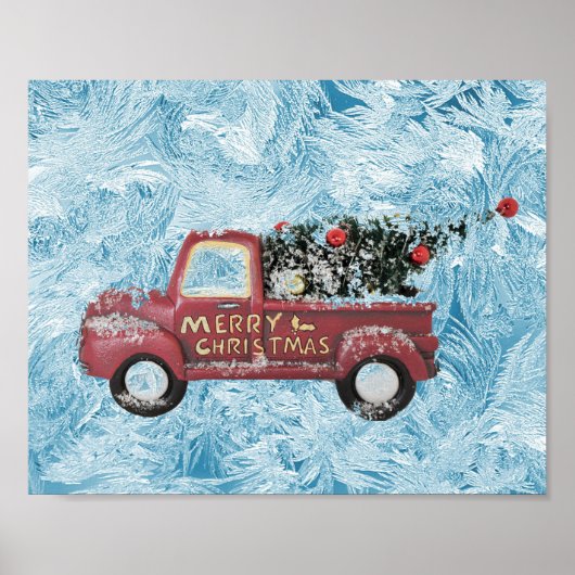 Vintager roter LKW auf blauem Schneeflockenhinterg Poster (Vorne)