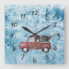 Vintager roter LKW auf blauem Schneeflockenhinterg Quadratische Wanduhr