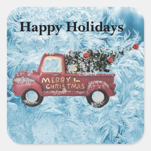 Vintager roter LKW auf blauem Schneeflockenhinterg Quadratischer Aufkleber (Vorderseite)