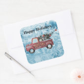 Vintager roter LKW auf blauem Schneeflockenhinterg Quadratischer Aufkleber (Umschlag)