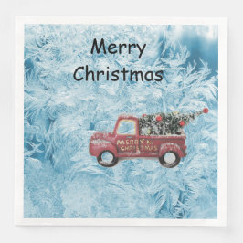 Vintager roter LKW auf blauem Schneeflockenhinterg Serviette