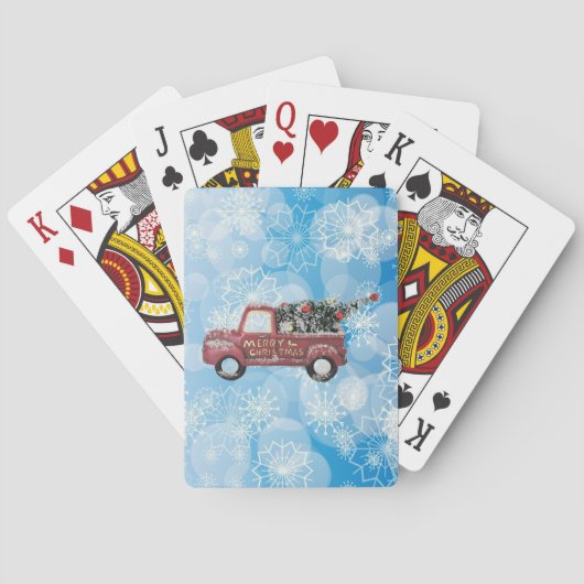 Vintager roter LKW auf blauem Schneeflockenhinterg Spielkarten (Rückseite)