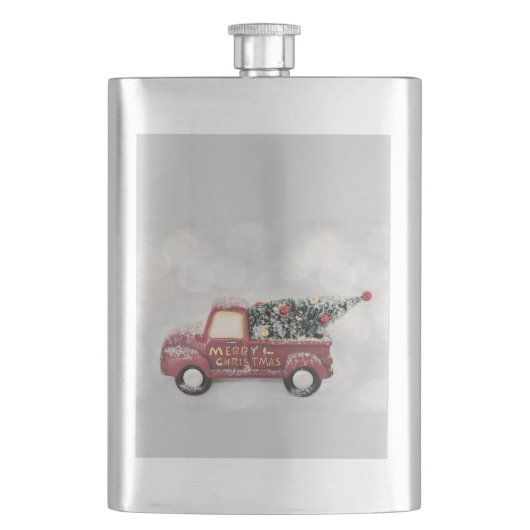 Vintager roter LKW auf grauem Hintergrund Flachmann (Vorderseite)