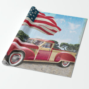 Vintager roter LKW mit amerikanischer Flagge. Geschenkpapier