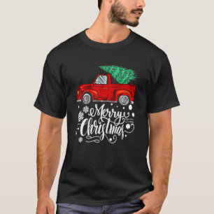 Vintager roter LKW mit froher Weihnachtsbaumfamili T-Shirt