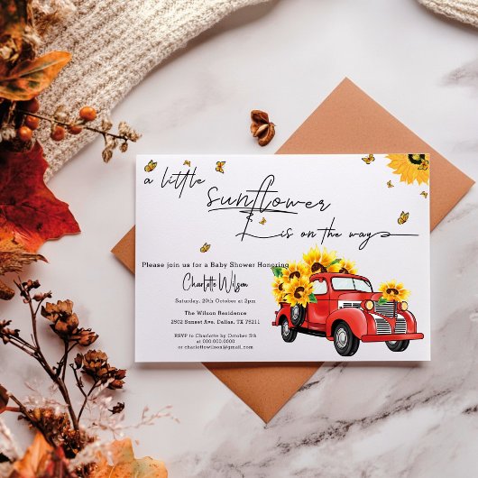 Vintager roter LKW mit Sonnenblumendusche Einladung