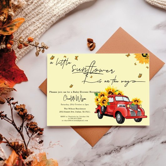 Vintager roter LKW mit Sonnenblumendusche Einladung