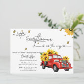 Vintager roter LKW mit Sonnenblumendusche Einladung (Stehend Vorderseite)