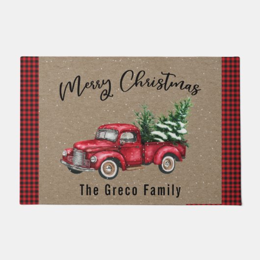 Vintager roter LKW mit Weihnachtsbaum Begrüßungsma Fußmatte (Vorderseite)