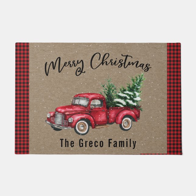 Vintager roter LKW mit Weihnachtsbaum Begrüßungsma Fußmatte (Vorderseite)