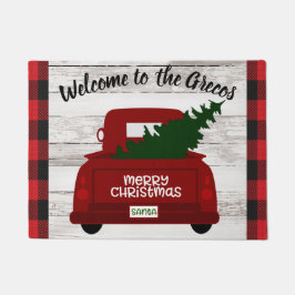 Vintager roter LKW mit Weihnachtsbaum Begrüßungsma Fußmatte