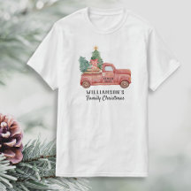 Vintager roter LKW mit Weihnachtsbaum-Eigenem Text
