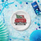 Vintager roter LKW mit Weihnachtsbaum Familienname Pappteller (Party)