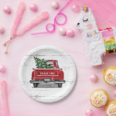 Vintager roter LKW mit Weihnachtsbaum Familienname Pappteller (Party)