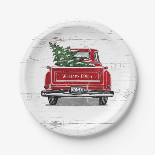 Vintager roter LKW mit Weihnachtsbaum Familienname Pappteller (Vorderseite)