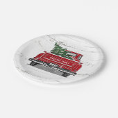 Vintager roter LKW mit Weihnachtsbaum Familienname Pappteller (Schrägansicht)