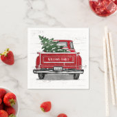 Vintager roter LKW mit Weihnachtsbaum Familienname Serviette (Beispiel)