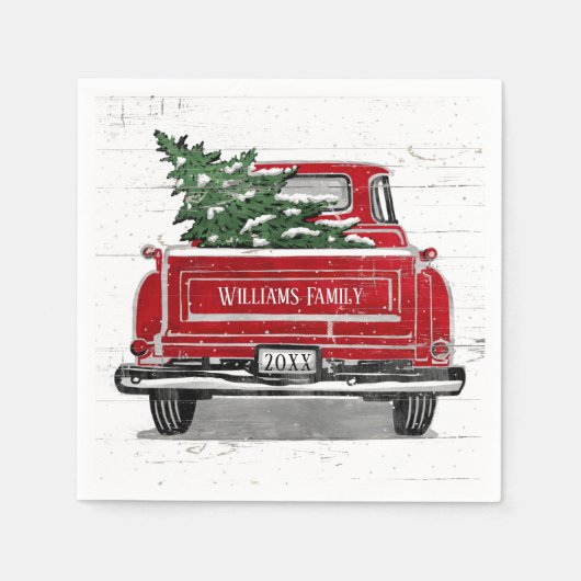 Vintager roter LKW mit Weihnachtsbaum Familienname Serviette (Vorderseite)