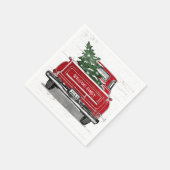Vintager roter LKW mit Weihnachtsbaum Familienname Serviette (Ecke)