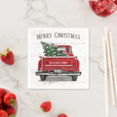 Vintager roter LKW mit Weihnachtsbaum Familienname Serviette (Beispiel)