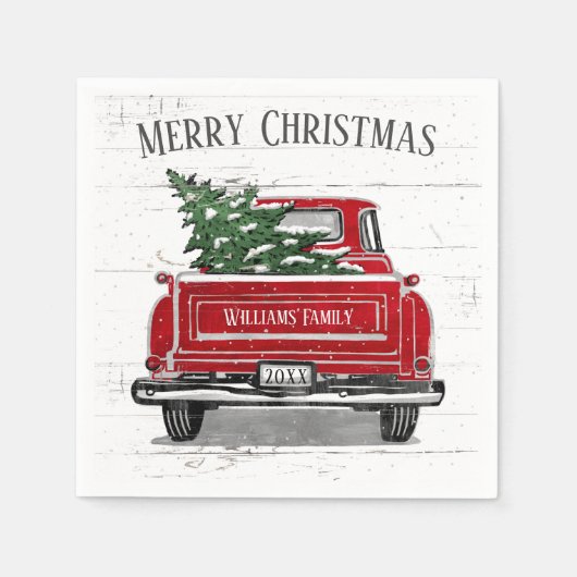 Vintager roter LKW mit Weihnachtsbaum Familienname Serviette (Vorderseite)