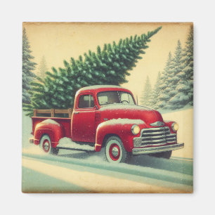 Vintager roter LKW mit Weihnachtsbaum Magnet