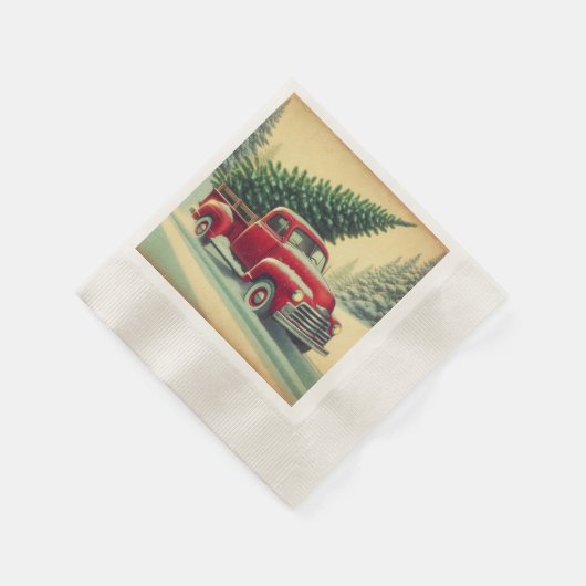 Vintager roter LKW mit Weihnachtsbaum Serviette (Ecke)