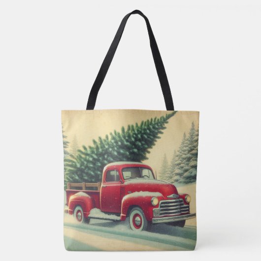 Vintager roter LKW mit Weihnachtsbaum Tasche (Vorderseite)