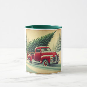 Vintager roter LKW mit Weihnachtsbaum Tasse