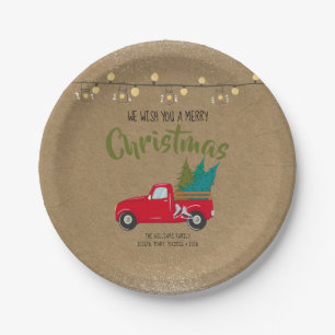 Vintager roter LKW mit Weihnachtsbaumen auf Kraft Pappteller
