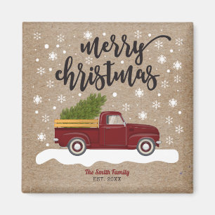 Vintager roter LKW mit Weihnachtsbaumrücklauf Magnet