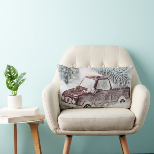 Vintager roter LKW mit zeichnend Weihnachtsbaum Lendenkissen