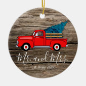 Vintager roter LKW, rustikales Holzmuster Keramik Ornament (Vorne)