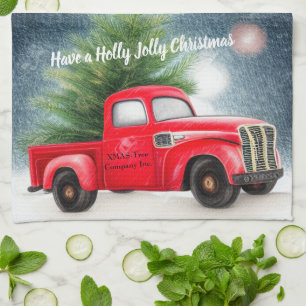 Vintager roter LKW und baumspezifischer Urlaub Geschirrtuch