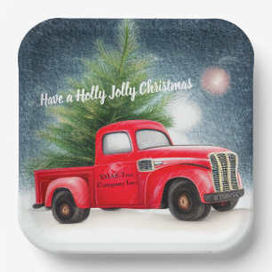 Vintager roter LKW und baumspezifischer Urlaub Pappteller